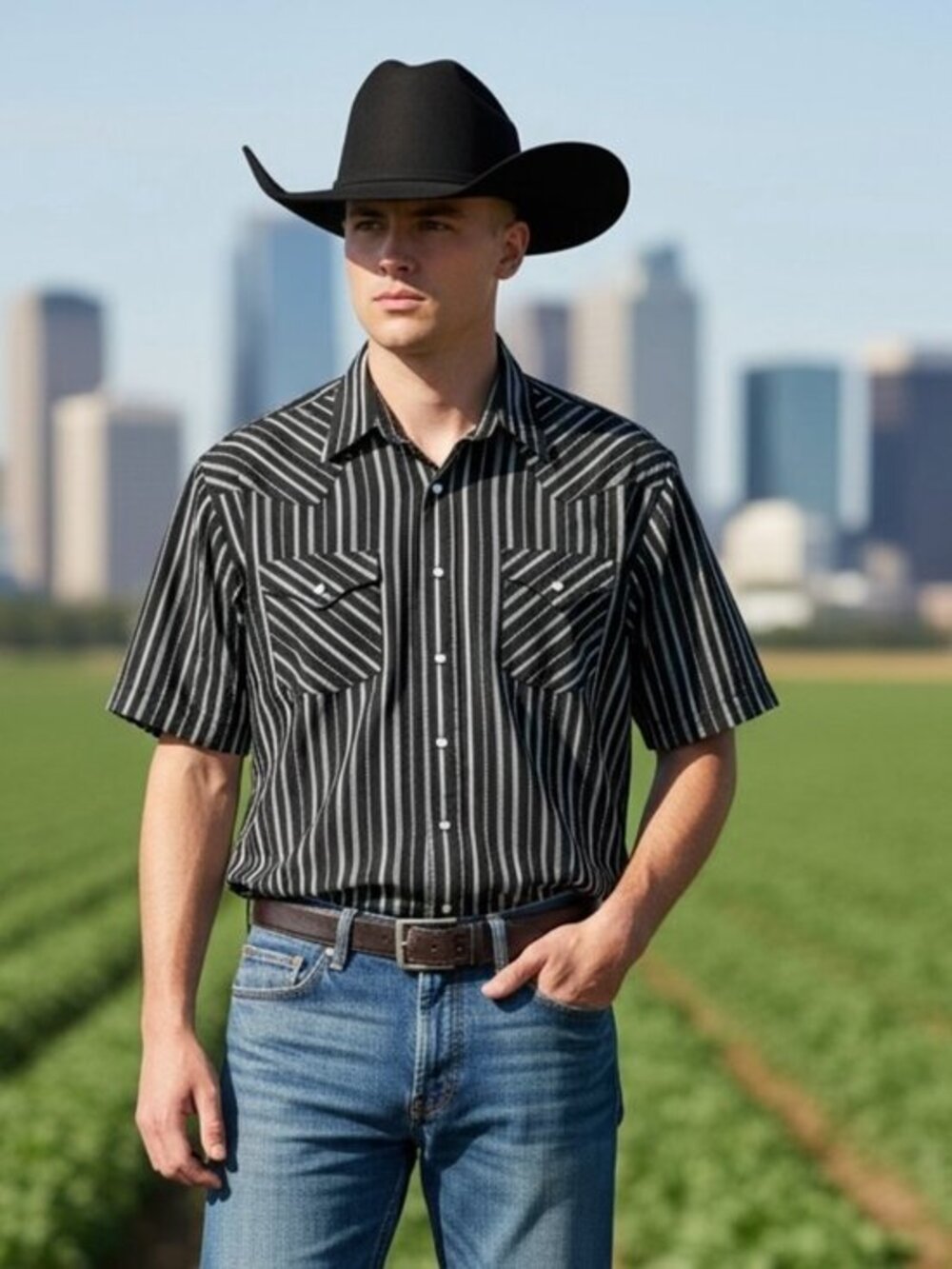 Plains Western Wear Pearl Snap Shirt Men’s size XL black & White stripes